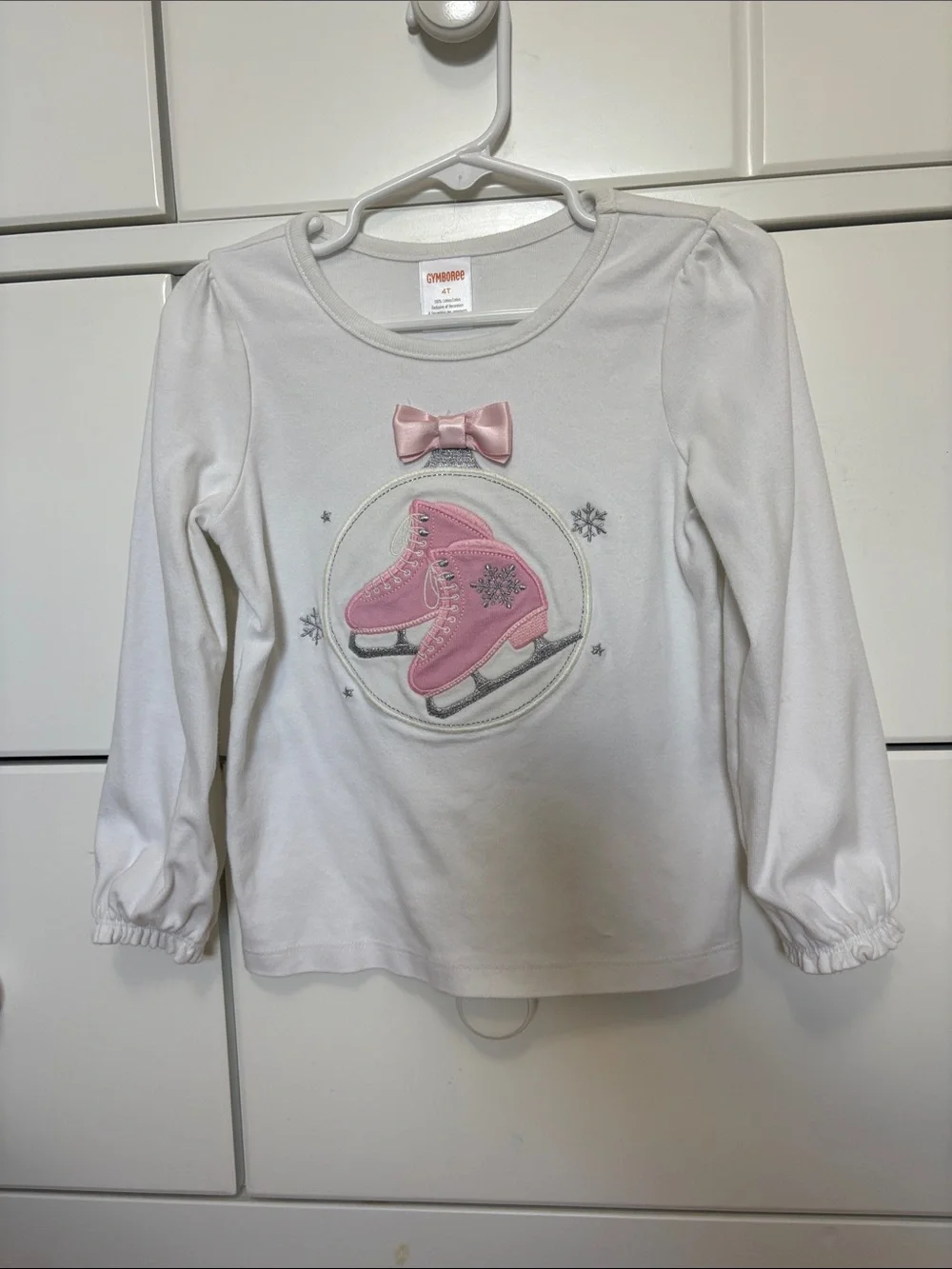 Gymboree White Long-Sleeve Top with Pink Ice Skate Motif